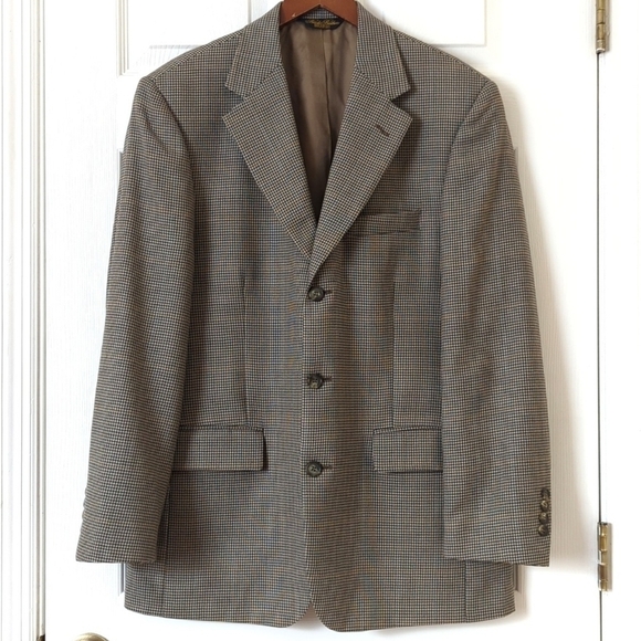Brooks Brothers Preppy Classic Fit Houndstooth Worsted Wool Blazer Jacket Tan 40